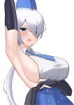 1girl arm_up armpits backless_outfit backless_shirt bare_shoulders belt_pouch blue_eyes blue_headwear blue_necktie blue_skirt blush breasts brid_(nikke) bridal_gauntlets collared_shirt commentary covered_navel cowboy_shot garrison_cap goddess_of_victory:_nikke grey_hair hair_between_eyes hair_over_one_eye hat high-waist_skirt highres large_breasts long_hair long_skirt looking_at_viewer low-tied_long_hair low_ponytail necktie open_mouth pouch shirt sideboob sidelocks simple_background skirt sleeveless solo standing striped_necktie sweat white_background white_shirt xi_oshir1 