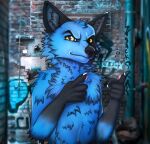  absurd_res alley anthro blue_body blue_fur canid canine canis detailed_background digital_drawing_(artwork) digital_media_(artwork) domestic_dog fur gesture graffiti half-length_portrait hi_res line_art male mammal pointing portrait pose solo wolfrayay yellow_eyes 