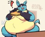  2023 anthro belly belly_tuft big_belly biped black_markings blue_body blue_fur burger dialogue double_chin eating english_text exclamation_point floofymeister food fur furniture generation_4_pokemon hi_res holding_burger holding_food holding_object huge_belly huge_thighs inner_ear_fluff love_handles lucario male markings moobs multicolored_body multicolored_fur navel nintendo obese obese_anthro obese_male offscreen_character open_mouth overweight overweight_anthro overweight_male pokemon pokemon_(species) rumbling_stomach simple_background sitting solo solo_focus speech_bubble spikes spikes_(anatomy) surprise table tail tan_background tan_body tan_fur teeth text thick_thighs tongue tuft weight_conscious weight_gain wide_hips 