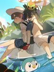 2boys afloat barefoot black_hair clothes_lift commentary_request crossed_bangs day florian_(pokemon) gloves hair_between_eyes hairband hat highres innertube kieran_(pokemon) knees lifted_by_self male_focus multiple_boys outdoors partially_fingerless_gloves piplup pokemon pokemon_(creature) pokemon_sv red_gloves shirt_lift short_hair shorts single_glove sitting sky suikaels white_shorts yanma yellow_eyes yellow_hairband 