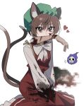  absurdres animal_ear_fluff animal_ears blood blood_on_clothes blood_on_face blood_on_hands bow brown_eyes brown_hair cat_ears cat_tail censored chen death dress earrings fang frills green_headwear hat heart highres holding_another&#039;s_arm jewelry kiliko-san long_sleeves looking_at_viewer mob_cap mosaic_censoring multiple_tails red_dress severed_arm severed_limb shirt simple_background single_earring sitting tail touhou white_background white_bow white_shirt 