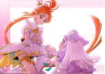  1boy 1girl ahoge artist_logo boots commentary_request cure_wing dress earrings ellee-chan english_text eyelashes gloves good_morning hair_ornament happy hat hirogaru_sky!_precure jewelry kamikita_futago long_hair looking_at_another magical_boy official_art orange_hair ponytail precure puffy_short_sleeves puffy_sleeves red_eyes short_sleeves smile translation_request white_background white_footwear white_gloves white_headwear yuunagi_tsubasa 