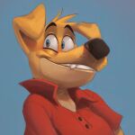  2023 anthro black_nose blonde_hair blue_background button_(fastener) canid canine canis clothed clothing concupisco domestic_dog doritohead fangs fur hair happy looking_away male mammal red_clothing shirt simple_background smile snout solo teeth topwear wally_pembroke yellow_body yellow_fur 