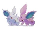  bright_pupils claws eye_contact fang highres horns looking_at_another mokuzou_(moku_ssbu) nidoran nidoran_(female) nidoran_(male) no_humans pokemon pokemon_(creature) red_eyes signature single_horn standing white_pupils 