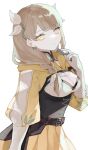  1girl absurdres belt braid breasts brown_hair buckle cleavage cleavage_cutout closed_mouth clothing_cutout elbow_gloves fire_emblem fire_emblem_engage gloves goldmary_(fire_emblem) hair_ribbon highres long_hair long_sleeves looking_at_viewer repu_(rep_sha) ribbon solo white_background white_gloves white_ribbon yellow_eyes 