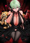  1girl absurdres ahoge aqua_hair bare_shoulders black_dress black_gloves breasts chinese_commentary cleavage commentary crossed_legs de_lacey_(neural_cloud) dress girls&#039;_frontline girls&#039;_frontline_neural_cloud gloves hair_between_eyes heart highres huge_breasts looking_at_viewer mechanical_tail mole mole_under_mouth nznzn revision sitting smile solo symbol-shaped_pupils tail thighhighs 