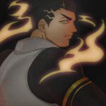  1boy bara black_background black_bodysuit black_hair bodysuit collared_shirt commentary film_grain fire from_side highres male_focus mature_male muscular muscular_male mustache_stubble profile shirt short_hair sideburns simple_background solo spiked_hair star_(symbol) symbol-only_commentary tokyo_afterschool_summoners upper_body white_shirt yellow_eyes zabaniyya_(housamo) zaoanjisi 