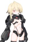  1girl black_panties blonde_hair breasts commentary_request cowboy_shot expressionless highleg highleg_panties highres joints long_hair looking_at_viewer mechanical_arms navel original panties red_eyes robot_girl robot_joints shimosuke simple_background small_breasts solo standing stomach underwear white_background 