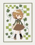  1boy :o black_ribbon black_socks brown_eyes brown_footwear brown_hair brown_skirt clover danganronpa:_trigger_happy_havoc danganronpa_(series) four-leaf_clover fujisaki_chihiro full_body green_jacket highres jacket kigi_tbl long_sleeves male_focus medium_hair miniskirt neck_ribbon ribbon skirt socks solo 