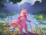  anthro blonde_hair breasts female fur hair hi_res mammal mynameispb nipples outside partially_submerged pink_body pink_fur plant pubes reeds river rodent round_ears sciurid solo tree tree_squirrel 