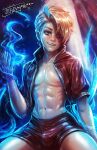  1boy abs absurdres bishounen black_eyeliner blonde_hair blue_eyes bulge highres jacket looking_at_viewer magic magical_boy male_focus mrelagan nipples open_clothes open_jacket original pale_skin realistic revealing_clothes shorts 