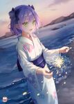  1girl :d black_bow bow double_bun dutch_angle fireworks floral_print green_eyes hair_bow hair_bun highres hololive japanese_clothes kamui_(kamuikaoru) kimono long_sleeves nail_polish obi open_mouth outdoors print_kimono purple_hair purple_nails sash short_hair smile solo standing tokoyami_towa virtual_youtuber white_kimono 