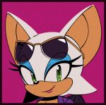  2023 anthro bat border breasts cleavage clothed clothing digimin eyeshadow eyewear female fur green_eyes lipstick makeup mammal official_art red_border rouge_the_bat sega simple_background solo sonic_the_hedgehog_(series) sunglasses tan_body tan_skin the_murder_of_sonic_the_hedgehog white_body white_fur wings 