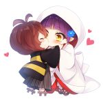  1boy 1girl absurdres alternate_costume blush brown_hair chibi commentary_request couple gegege_no_kitarou hand_on_another&#039;s_face heart hetero highres japanese_clothes kimono kiss kitarou nekomusume nekomusume_(gegege_no_kitarou_6) purple_hair sandals short_hair silanduqiaocui uchikake wedding yellow_eyes 