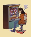  1boy american_flag black_eyes black_hair blue_footwear blue_pants bomber_jacket brown_jacket chair cigarette closed_mouth commentary_request expressionless full_body hand_in_pocket highres inudori itou_kaiji jacket kaiji long_hair long_sleeves male_focus pachinko pachinko_ball pants playing_games republic_of_china_flag shoes simple_background sitting smoke smoking sneakers solo south_korean_flag united_nations_flag yellow_background 
