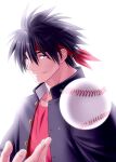  1boy baseball_(object) black_hair black_jacket bloom blue_eyes blurry closed_mouth commentary_request depth_of_field eyes_visible_through_hair hair_between_eyes hairband inohara_masato jacket lips little_busters! looking_at_viewer nose red_hairband red_shirt shirt short_hair simple_background smile solo spiked_hair upper_body v-shaped_eyebrows white_background zen_(kamuro) 