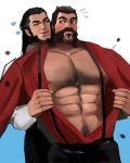  2boys abs bara bare_pectorals beard black_hair blush chest_hair cowboy_shot facial_hair graves_(league_of_legends) hair_slicked_back highres large_pectorals league_of_legends male_focus mature_male multiple_boys muscular muscular_male mutton_chops navel navel_hair nipples notice_lines open_clothes open_shirt pectorals reach-around short_hair sideburns sociopotato1 stomach suspenders thick_eyebrows twisted_fate undressing_another yaoi 