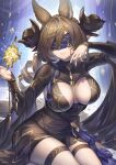 1girl animal_ears black_dress blindfold blue_blindfold blue_hair breasts brown_hair cleavage cleavage_cutout closed_mouth clothing_cutout dress drill_hair drill_ponytail extra_ears galleon_(granblue_fantasy) galleon_(life&#039;s_compassionate_observer)_(granblue_fantasy) granblue_fantasy highres horns large_breasts lips long_hair long_sleeves multicolored_hair official_alternate_costume pointy_ears purple_nails sitting smile solo streaked_hair thigh_strap thighs yuiko_(yuiyuiko_108) 