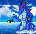  2017 aircraft airplane angry annoyed anthro big_breasts blue_body blue_scales blue_skin breasts butt claws cloud cross-popping_vein digital_media_(artwork) dripping featureless_breasts featureless_crotch female imminent_destruction jet june_(justathereptile) justathereptile kaiju komodo_dragon lizard macro monitor_lizard monster non-mammal_breasts nude outdoor_nudity outside partially_submerged red_eyes reptile scales scalie scutes sea sky solo tail water watermark wet 