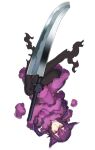  1girl black_gloves black_pantyhose dress full_body fur-trimmed_dress fur-trimmed_sleeves fur_trim gengar gloves hair_flaps holding holding_sword holding_weapon katagiri_hachigou long_hair long_sleeves open_mouth pantyhose personification pokemon purple_dress purple_hair red_eyes simple_background solo sword triangle_mouth weapon white_background 