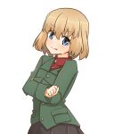  1girl black_skirt blonde_hair blue_eyes bob_cut closed_mouth commentary crossed_arms fang girls_und_panzer green_jacket jacket katyusha_(girls_und_panzer) long_sleeves looking_at_viewer pleated_skirt pravda_school_uniform red_shirt rico_(rico-tei) school_uniform shirt short_hair simple_background skirt smile solo standing turtleneck white_background 
