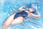  1girl armpits bare_arms bare_legs bare_shoulders blue_bow blue_eyes blue_hair blue_nails blue_one-piece_swimsuit bow cirno collarbone fairy fingernails food groin hair_bow highleg highleg_swimsuit highres holding holding_food ice ice_wings nail_polish nironiro one-piece_swimsuit one_eye_closed open_mouth popsicle revision short_hair solo swimsuit touhou water wings 