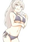  1girl akara_kai bikini black_bikini breasts brown_eyes cleavage conte_di_cavour_(kancolle) cowboy_shot grey_hair highres kantai_collection large_breasts long_hair official_alternate_costume side-tie_bikini_bottom simple_background smile solo swimsuit two_side_up white_background 