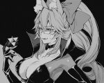  1girl animal_ear_fluff animal_ears black_background black_gloves bodysuit bow breasts choker cleavage elbow_gloves fang fate/grand_order fate_(series) fox_ears fox_tail glasses gloves greyscale hair_between_eyes hair_bow highres ichiya1115 koyanskaya_(assassin)_(first_ascension)_(fate) koyanskaya_(fate) large_breasts long_hair looking_at_viewer monochrome open_mouth ponytail saint_quartz_(fate) sidelocks simple_background smile solo tail tamamo_(fate) upper_body 