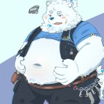  absurd_res anthro bandage belly blue_eyes blush canid canine canis clothing fur gm_pnd hi_res key keyring lifewonders live_a_hero locksmith male mammal navel overweight rolled_up_shirt shirt solo t-shirt topknot topwear vest white_body white_fur wolf yohack 