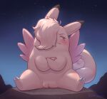  blush clefable clitoral_hood crossed_arms embarrassed female generation_1_pokemon genitals hair hair_over_eye hi_res looking_away nintendo one_eye_obstructed plump_labia pokemon pokemon_(species) presenting presenting_pussy pussy sitting sky slightly_chubby slightly_chubby_female solo spread_legs spreading storagepc tail wings 