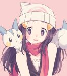  1girl :d beanie commentary_request dawn_(pokemon) eyelashes hair_ornament hairclip hat highres komasawa_(fmn-ppp) long_hair on_shoulder open_mouth pachirisu pink_background pokemon pokemon_(creature) pokemon_dppt pokemon_on_shoulder scarf shirt sidelocks sleeveless sleeveless_shirt smile upper_body white_headwear 