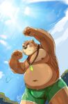  2023 anthro bear belly big_belly blush bottomwear brown_body bulge clothing hi_res humanoid_hands kemono lifewonders male mammal moobs nipples outside overweight overweight_male shorts solo sun tengzai05 tokyo_afterschool_summoners volos 