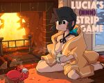 1girl black_nails black_ribbon blanket blue_bow bow braid braided_ponytail breasts cleavage crab cup english_text fire fireplace hair_bow highres holding holding_cup log lucia_(scott_malin) medium_breasts meme neck_ribbon nude original ribbon rug scott_malin shadow snow solo sparks steam twitter_strip_game_(meme) 