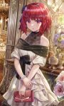  1girl :o arima_kana bare_shoulders blunt_bangs blush bow bowtie bracelet collarbone dress earrings flower frilled_dress frills hair_ribbon highres indoors jewelry looking_at_viewer off-shoulder_dress off_shoulder oshi_no_ko red_hair ribbon short_hair solo torino_aqua 