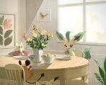  brown_eyes chair dedenne fletchinder food fork fruit highres holding holding_fork indoors leafeon lemon mienfoo mokuzou_(moku_ssbu) no_humans pikachu plate pokemon pokemon_(creature) signature sinistea table window 