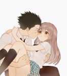  1boy 1girl absurdres black_hair blush bow brown_eyes brown_hair carrying cat811021 couple hetero highres ishida_shouya koe_no_katachi long_hair necktie nishimiya_shouko plaid plaid_skirt princess_carry school_uniform skirt spiked_hair sweatdrop white_background 