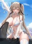  1girl :d absurdres anchorage_(azur_lane) anchorage_(dolphins_and_swim_lessons)_(azur_lane) azur_lane bare_shoulders bikini blush breasts cleavage closed_eyes convenient_censoring hair_between_eyes hair_ribbon highres inflatable_orca inflatable_toy large_breasts light_brown_hair long_hair official_alternate_costume outdoors ribbon rk_(cc15915r) see-through sky smile solo swimsuit thighhighs thighs twintails very_long_hair wet white_bikini white_thighhighs 