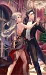  1boy 1girl absurdres backless_dress backless_outfit bare_shoulders black_dress blue_eyes breasts couple crazy_ones dancing dress formal gold_bow grey_hair highres large_breasts long_hair official_art protagonist_(crazy_ones) red_eyes suit xia_bing_(crazy_ones) 