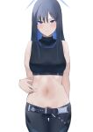  bare_shoulders blue_archive blue_eyes blue_hair blush breasts female_pubic_hair halo highres long_hair looking_at_viewer midriff mismatched_pubic_hair multicolored_hair navel pubic_hair pubic_hair_peek saori_(blue_archive) simple_background sono two-tone_hair white_background 