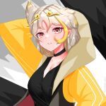  1girl animal_ears arm_behind_head arm_up blonde_hair breasts choker circlet cleavage extra_ears eyelashes grey_hair highres hood hooded_jacket jacket kemono_friends kemono_friends_3 light_brown_hair light_smile long_sleeves looking_at_viewer monkey_ears multicolored_hair nijiiro_(graynbow_wolf) official_alternate_costume open_clothes open_jacket parted_bangs parted_lips red_eyes ringed_eyes shirt solo son_goku_(kemono_friends) upper_body 