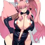  1girl absurdres animal_ear_fluff animal_ears black_bodysuit black_choker black_gloves bodysuit bow breasts choker commission elbow_gloves fate/grand_order fate_(series) fox_ears fox_girl fox_tail gigantic_breasts glasses gloves grey-framed_eyewear highres hip_vent koyanskaya_(assassin)_(first_ascension)_(fate) koyanskaya_(fate) looking_at_viewer masao navel nipple_slip nipples open_bodysuit open_clothes pink_bow pink_hair plump side_ponytail sidelocks skeb_commission solo tail tamamo_(fate) unzipped yellow_eyes 