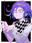  1boy a_(poipiku_325815) black_background blood blood_on_hands border checkered_clothes checkered_scarf commentary_request danganronpa_(series) danganronpa_v3:_killing_harmony hair_between_eyes hands_up jacket long_sleeves male_focus oma_kokichi pink_blood purple_eyes purple_hair scarf short_hair simple_background solo straitjacket upper_body white_border white_jacket 