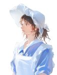  1girl absurdres apron blue_skirt brown_eyes brown_hair chinese_commentary commentary_request from_side highres maid maid_apron original parted_lips short_sleeves simple_background skirt solo teeth upper_body wangan white_apron white_background 
