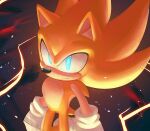  1boy animal_ears animal_nose artist_name blue_eyes closed_mouth furry furry_male gloves hedgehog hedgehog_ears hedgehog_tail looking_at_viewer male_focus socks solo sonic_(series) sonic_frontiers sonic_the_hedgehog spacecolonie standing super_sonic tail white_gloves white_socks yellow_fur 