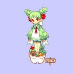  1girl ascot barefoot bow cactus flower green_hair hair_flower hair_ornament long_sleeves mo.ram personification pixel_art red_ascot red_eyes simple_background smile solo standing twintails white_bow 