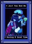  1990s_(style) 1boy 1girl age_difference alcohol blush boots cocktail_glass cup dark deltarune dithering drink drinking_glass fantasy framed glass high_heel_boots high_heels hug kris_(deltarune) lilian_duleroux onee-shota pixel_art queen queen_(deltarune) retro_artstyle smug thighhighs 