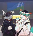  anthro blue_eyes blue_hair blue_nose canid clothed clothing collar dipstick_ears duo front_view fur gesture grey_body grey_fur hair hi_res hoodie kuttoyaki looking_at_viewer male mammal multicolored_ears multicolored_hair open_mouth open_smile red_collar red_eyes short_hair smile topwear two_tone_hair v_sign white_body white_clothing white_fur white_hair white_hoodie white_topwear 