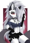  2023 andersonfbr anthro black_bottomwear black_clothing black_nose black_shorts bottomwear breasts canid canid_demon canine canis clothing collar demon digital_drawing_(artwork) digital_media_(artwork) female fur grey_body grey_fur grey_hair hair hellhound helluva_boss hi_res holding_object holding_phone inner_ear_fluff long_hair loona_(helluva_boss) mammal multicolored_body multicolored_fur phone red_sclera shorts solo spiked_collar spikes tuft white_body white_eyes white_fur wolf 