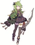  1girl bow_(weapon) brown_dress cape collei_(genshin_impact) do_m_kaeru doll dress full_body genshin_impact green_cape green_eyes hair_ornament hairclip holding holding_bow_(weapon) holding_doll holding_weapon long_hair looking_at_another solo thighhighs thighlet toeless_footwear weapon white_background 