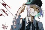  1girl adjusting_clothes adjusting_headwear black_headwear black_ribbon chainsaw_man closed_mouth collared_shirt dress earrings fami_(chainsaw_man) fourth_east_high_school_uniform hat head_tilt highres jewelry looking_to_the_side military_hat mole mole_under_eye mole_under_mouth multiple_moles neck_ribbon orange_eyes pinafore_dress ribbon ringed_eyes school_uniform shirt short_hair signature simple_background sleeveless sleeveless_dress solo tassel tassel_earrings user_rtvp7435 white_background white_hair white_shirt 
